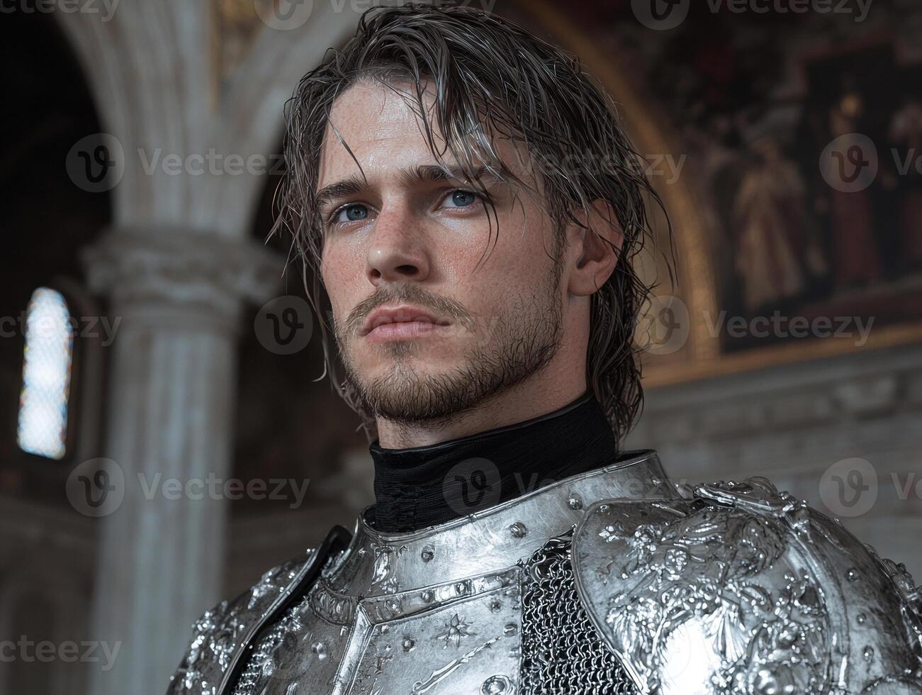 Portrait of a young knight in shining armor photo