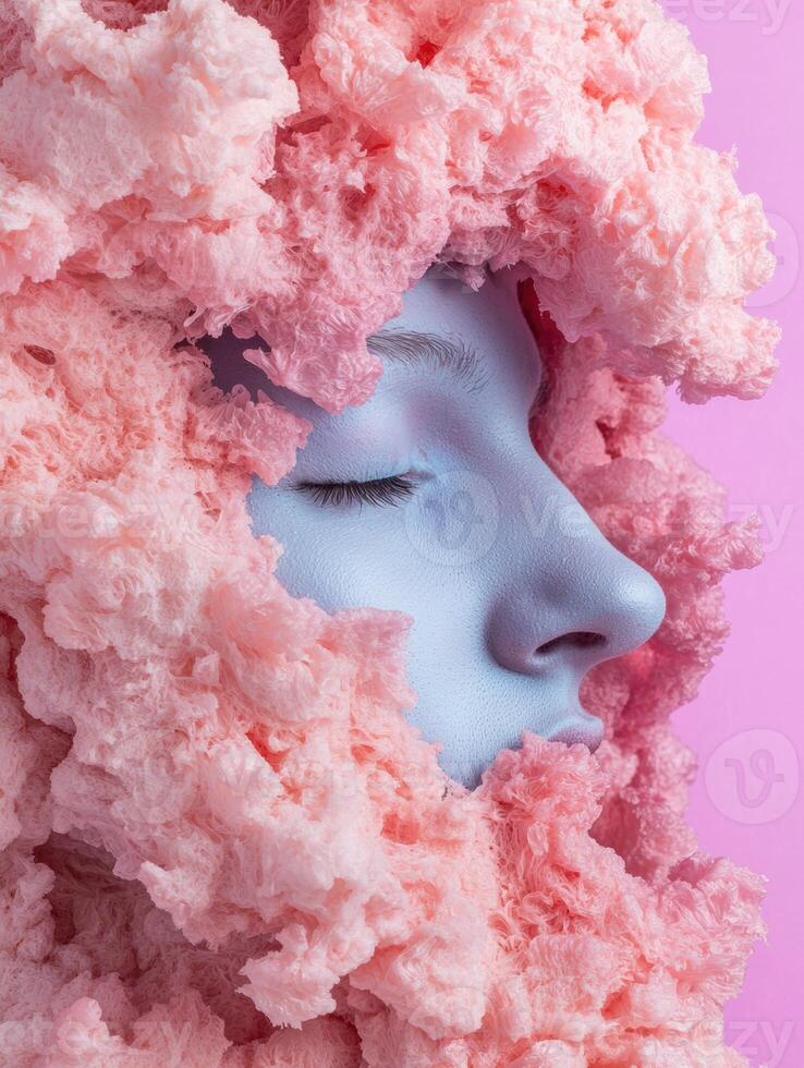 Surreal portrait of a woman with pink fluffy hair photo