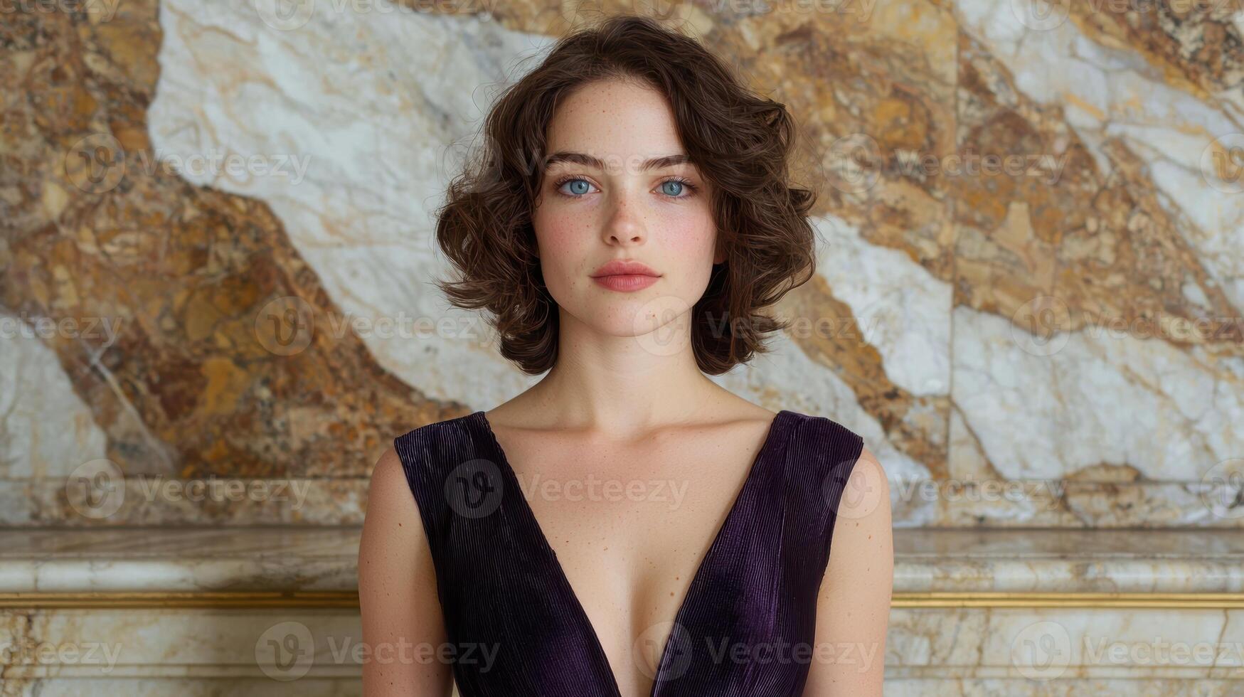 Portrait of a young woman with blue eyes and curly brown hair, wearing a dark purple dress against a marble background photo