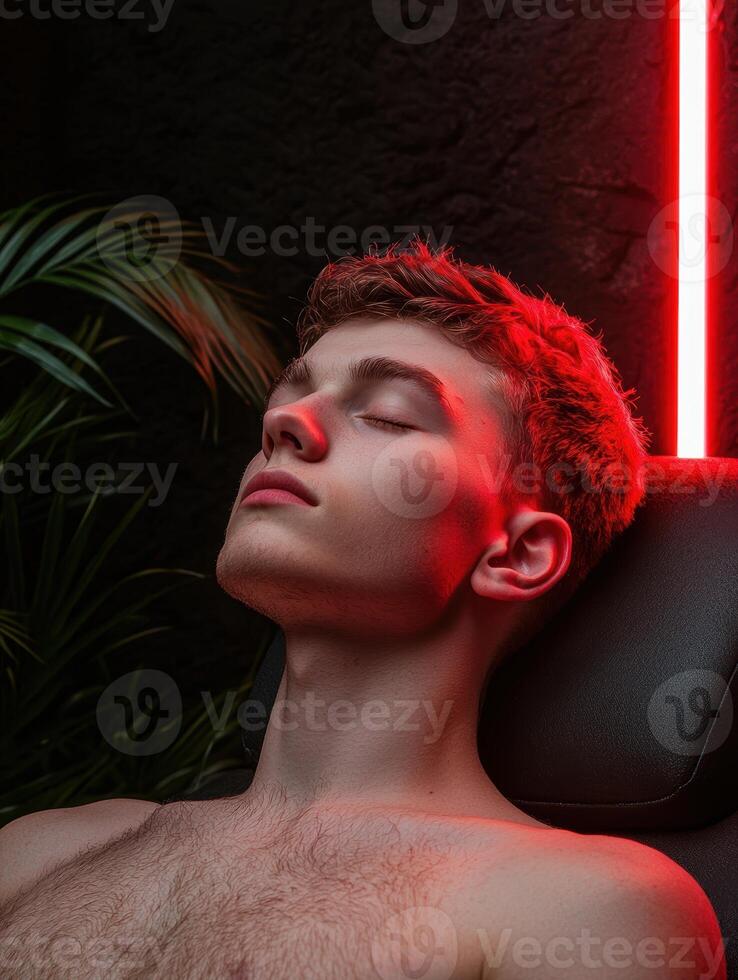 Young man relaxing in a chair under red light photo