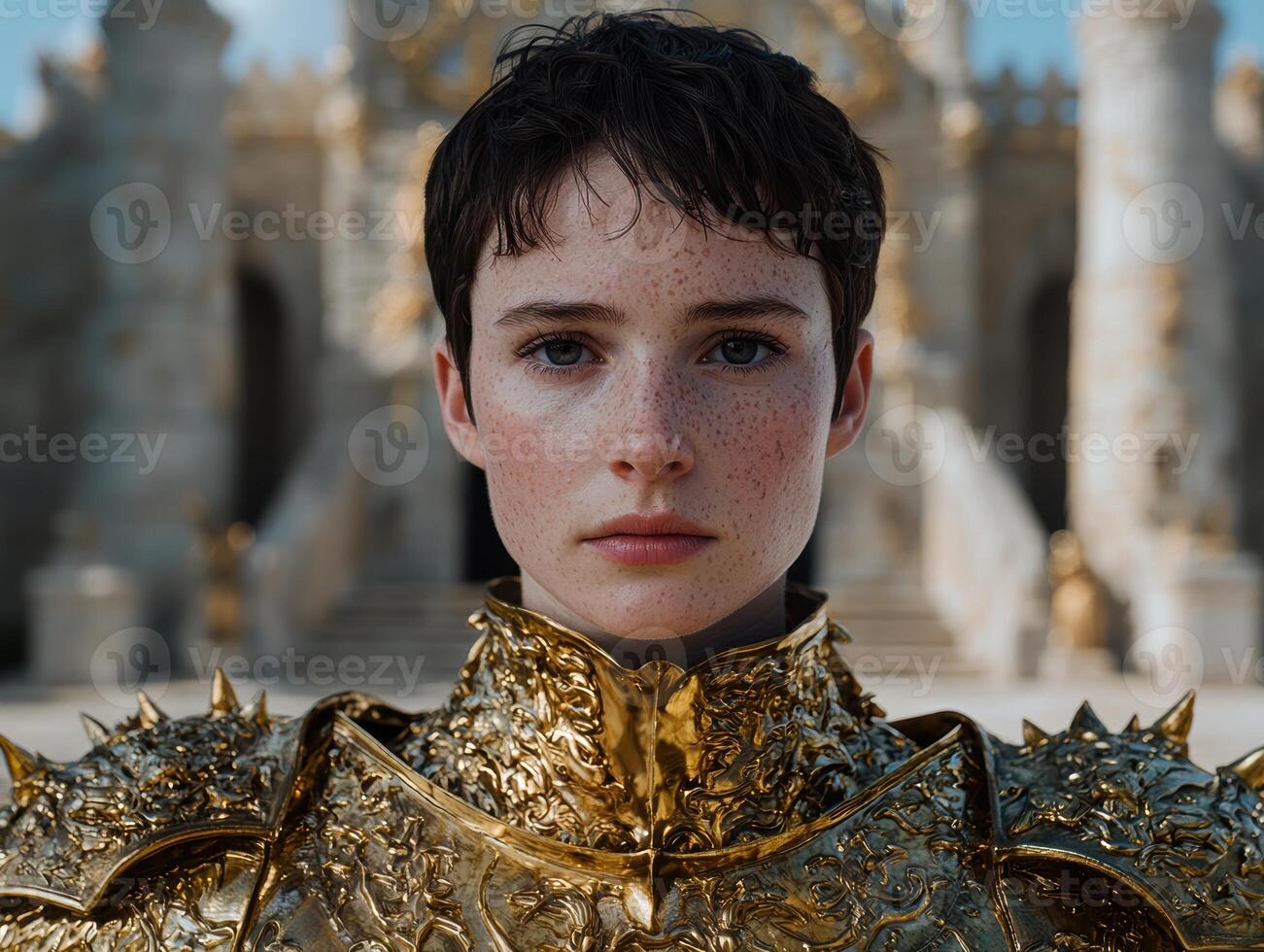Young woman in golden armor standing in front of a castle photo