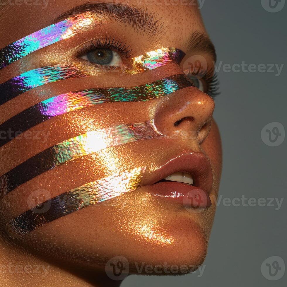 Close up of a womans face with iridescent makeup photo