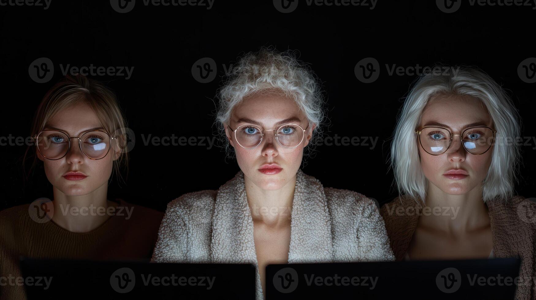 Three young women wearing glasses work on laptops in the dark photo