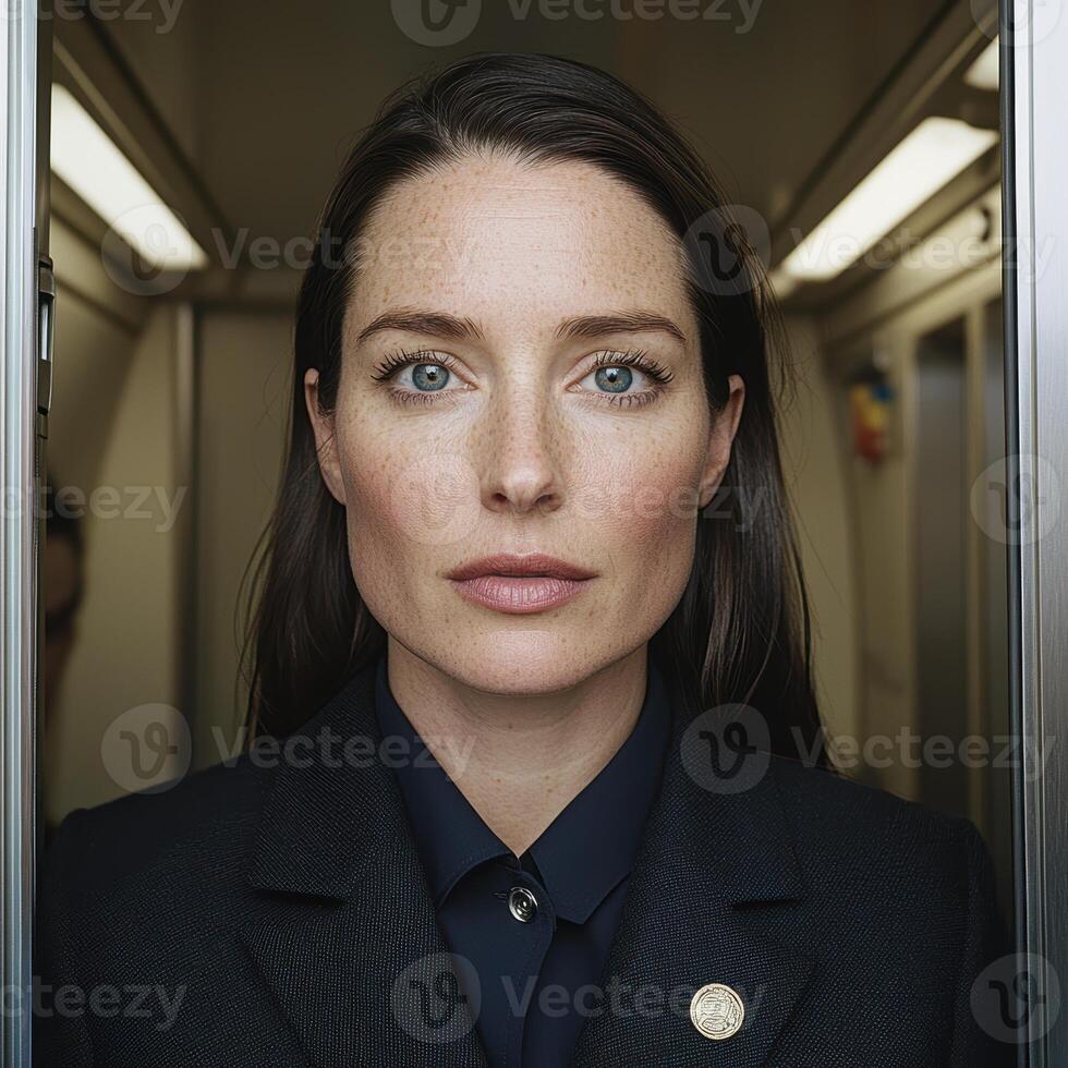 Portrait of a woman in a dark suit, serious expression photo