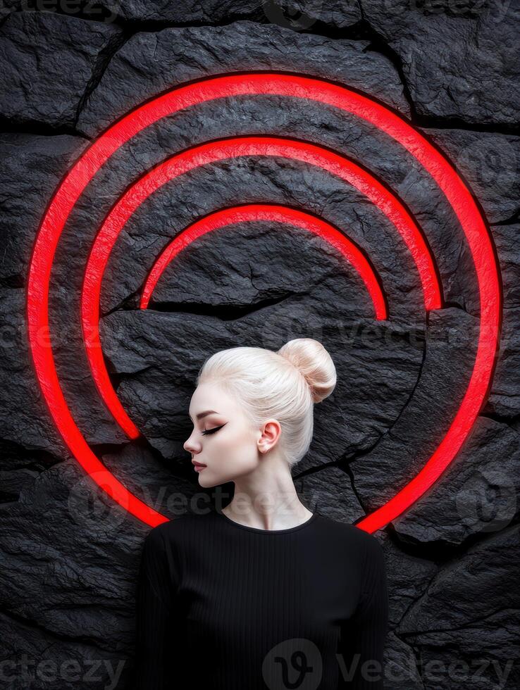 Stylish blonde woman posing against a dark stone wall with red neon circles photo
