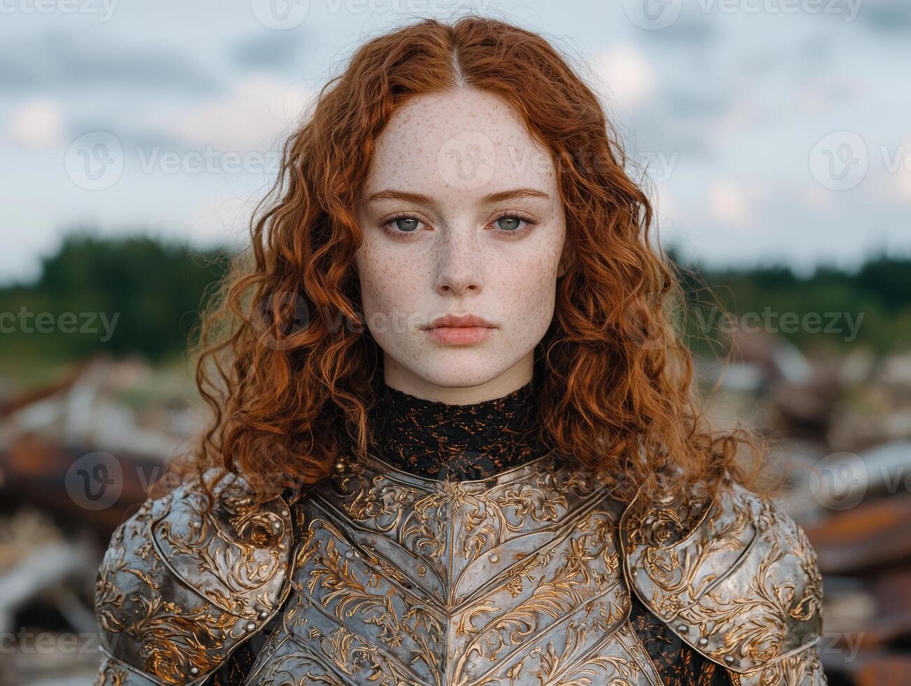 Portrait of a female warrior in medieval armor photo