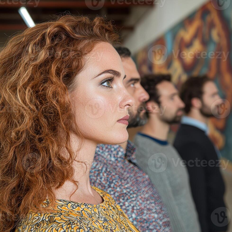 Team of young professionals looking thoughtfully at artwork in gallery photo