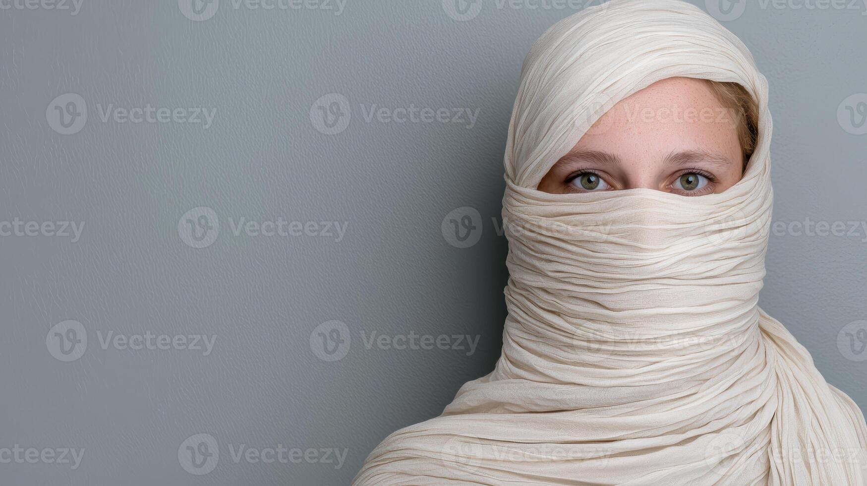 Womans face partially covered with beige fabric photo