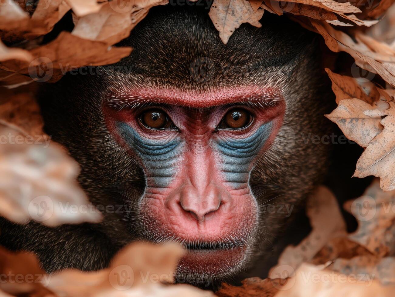 Close up portrait of a mandrill monkey peeking from behind autumn leaves photo