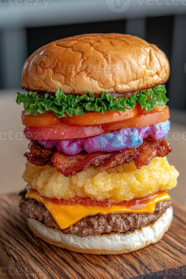 Gourmet burger with bacon, pineapple, and edible glitter photo