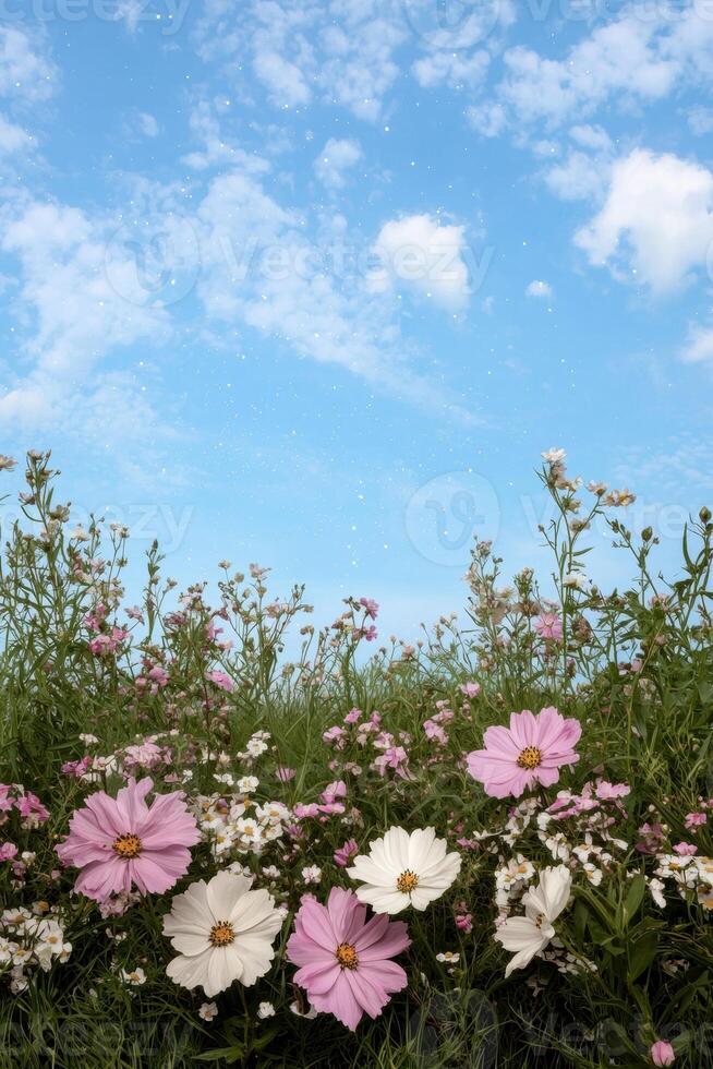 Cosmos flowers in a field under a blue sky photo