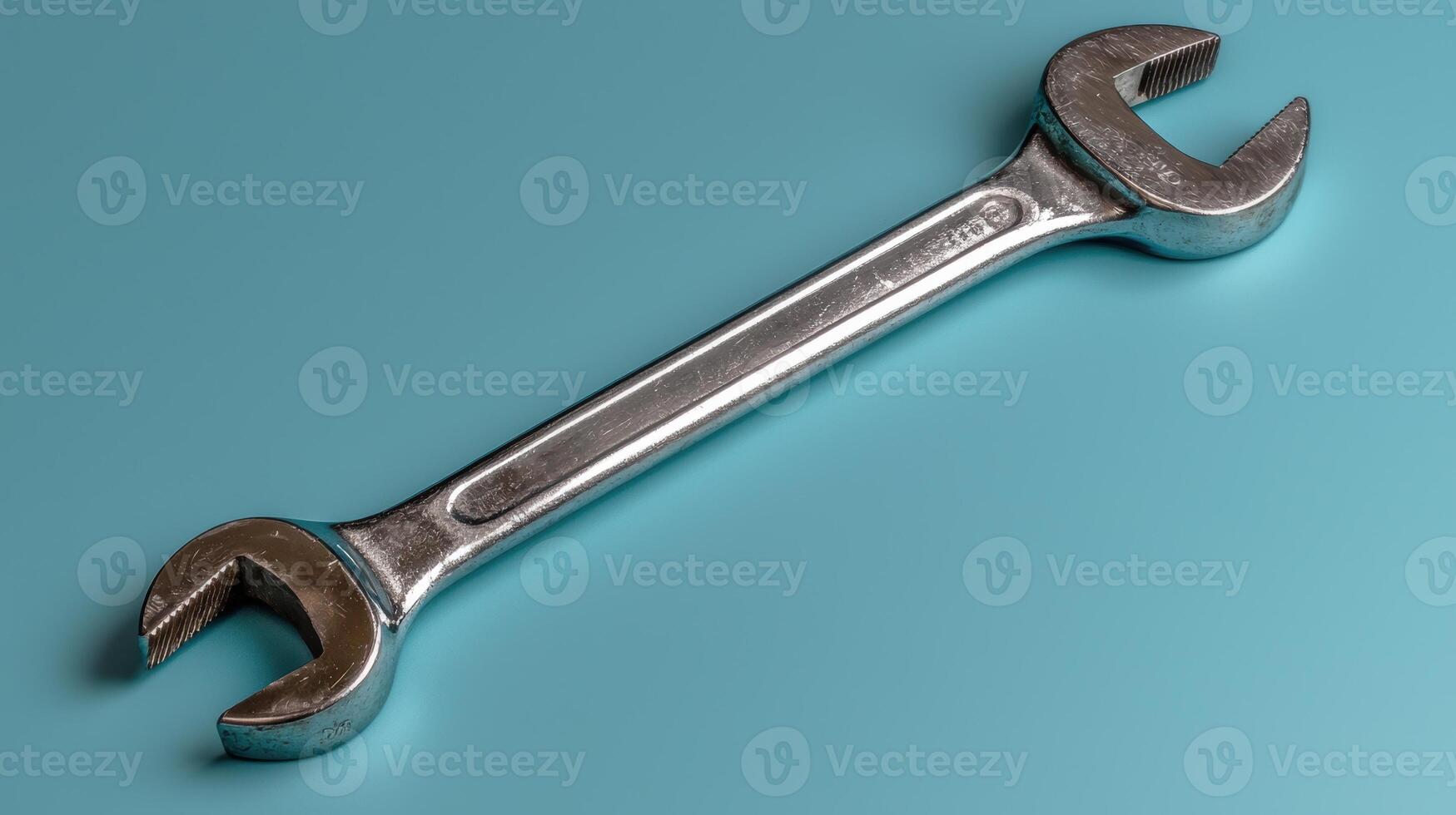 Close up of a silver wrench on a blue background photo