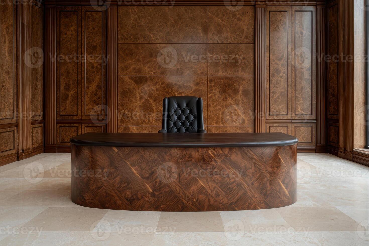 Modern luxury office interior with a large wooden desk and a black leather chair photo