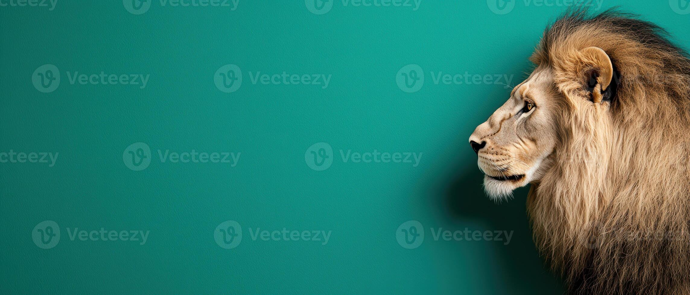 Profile of a majestic lion against a teal background photo