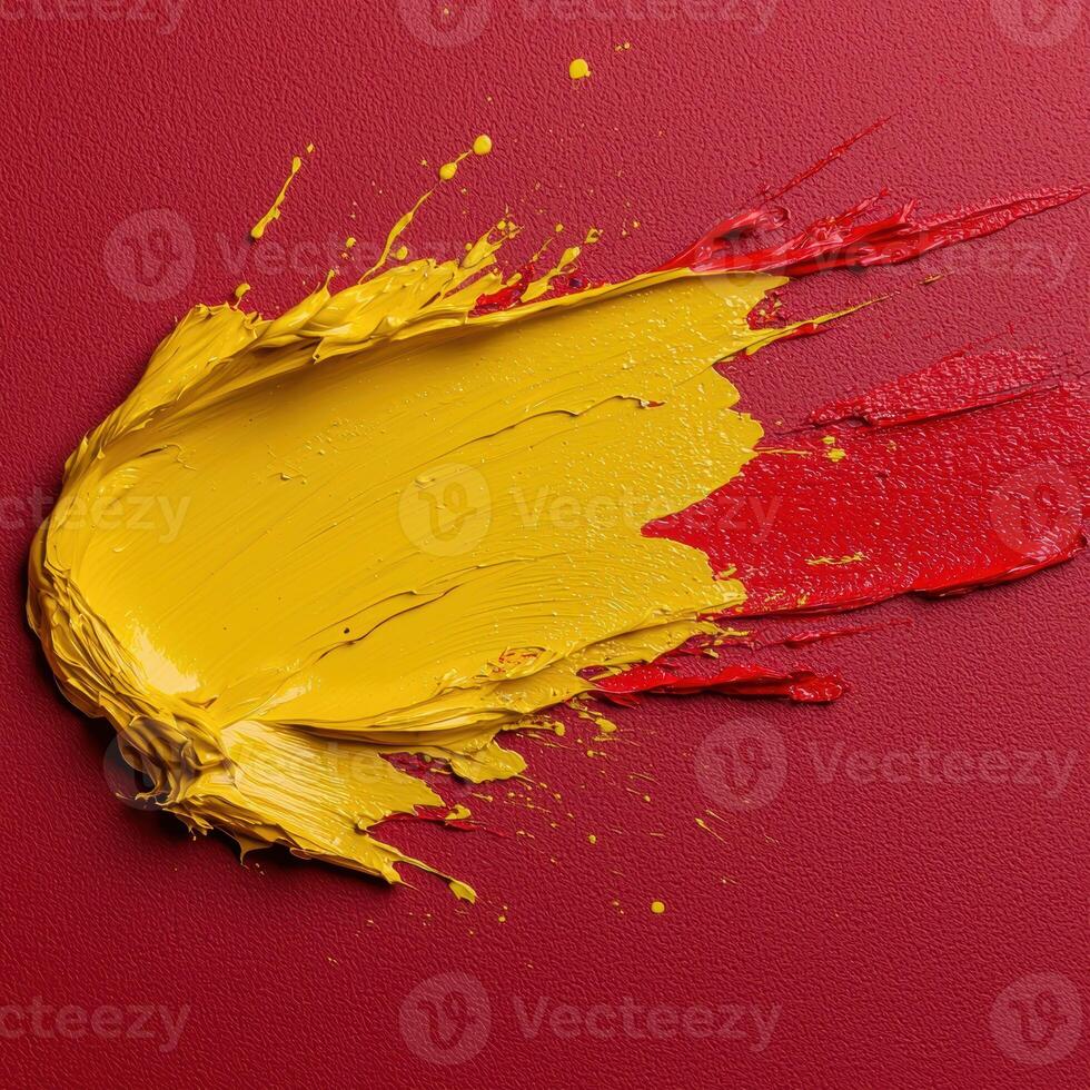 Abstract paint strokes of yellow and red on a textured red background photo