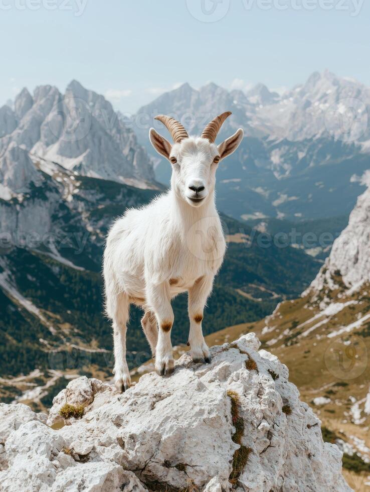 White mountain goat standing on a rock photo
