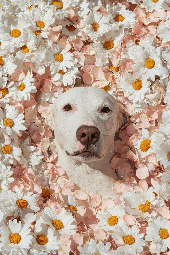 Adorable white dog surrounded by daisies and pink petals photo