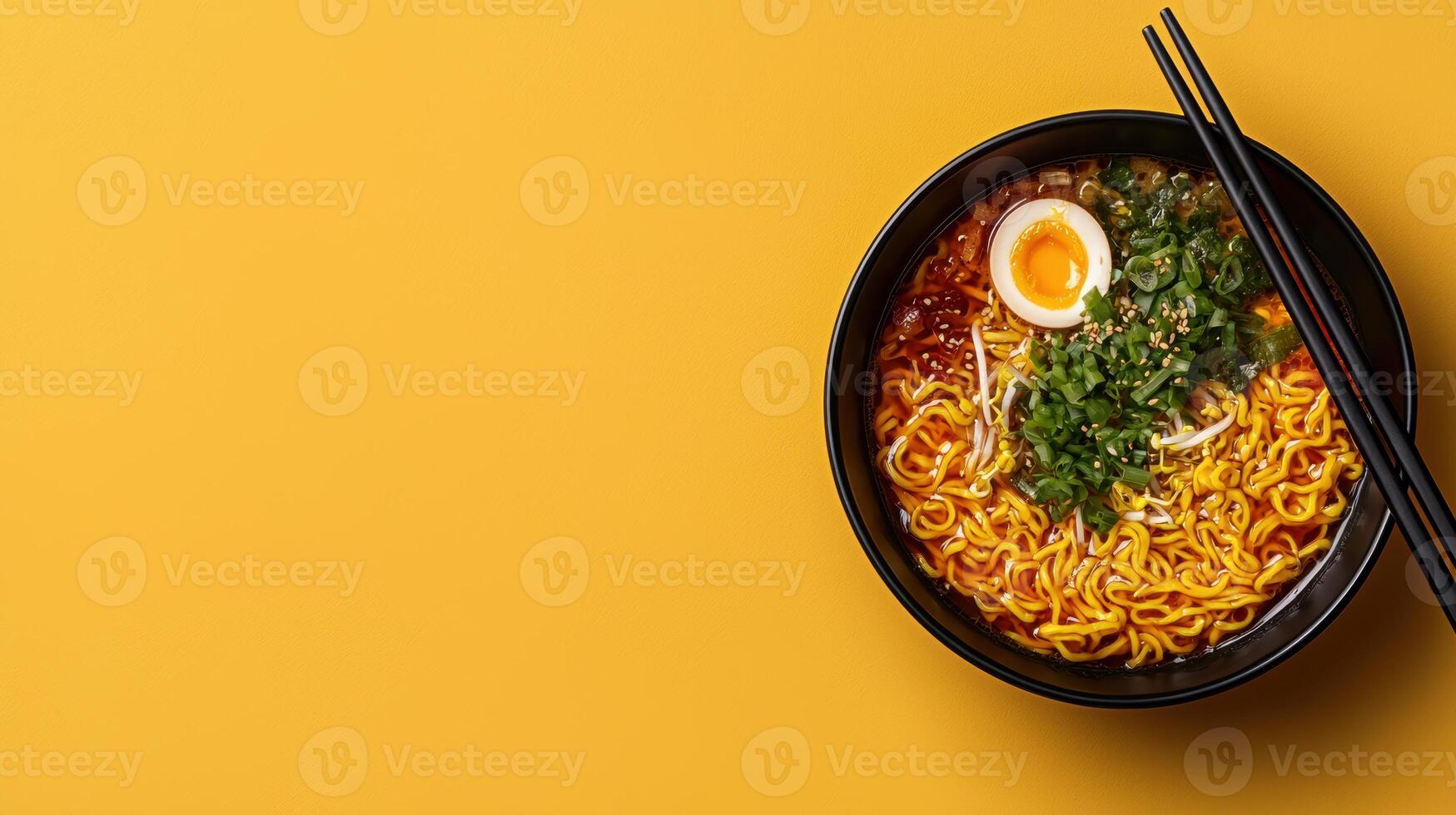 Delicious ramen noodle soup with soft boiled egg, served in a black bowl on a yellow background photo
