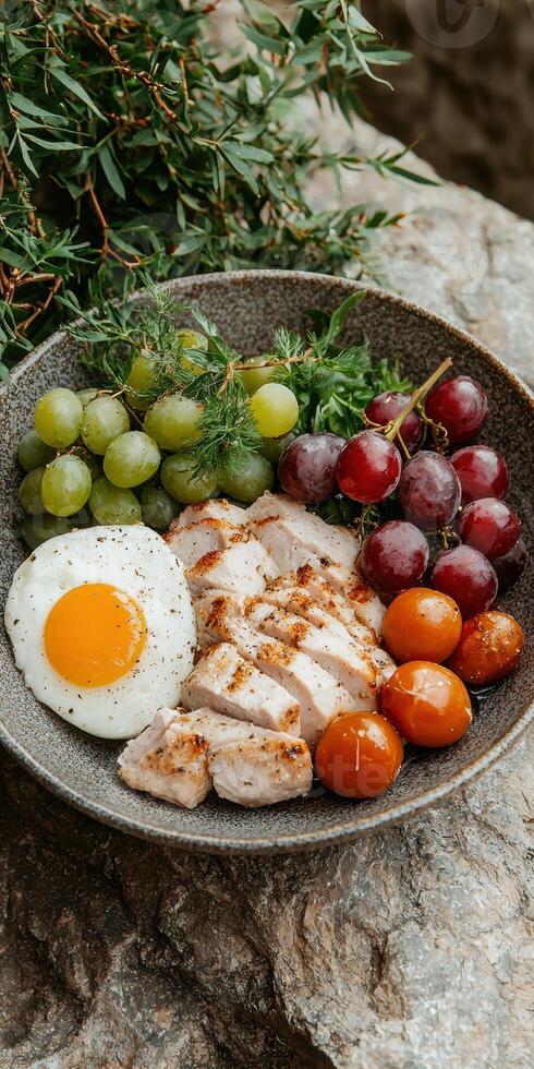 Healthy and delicious breakfast bowl with grilled chicken, egg, grapes, and tomatoes photo