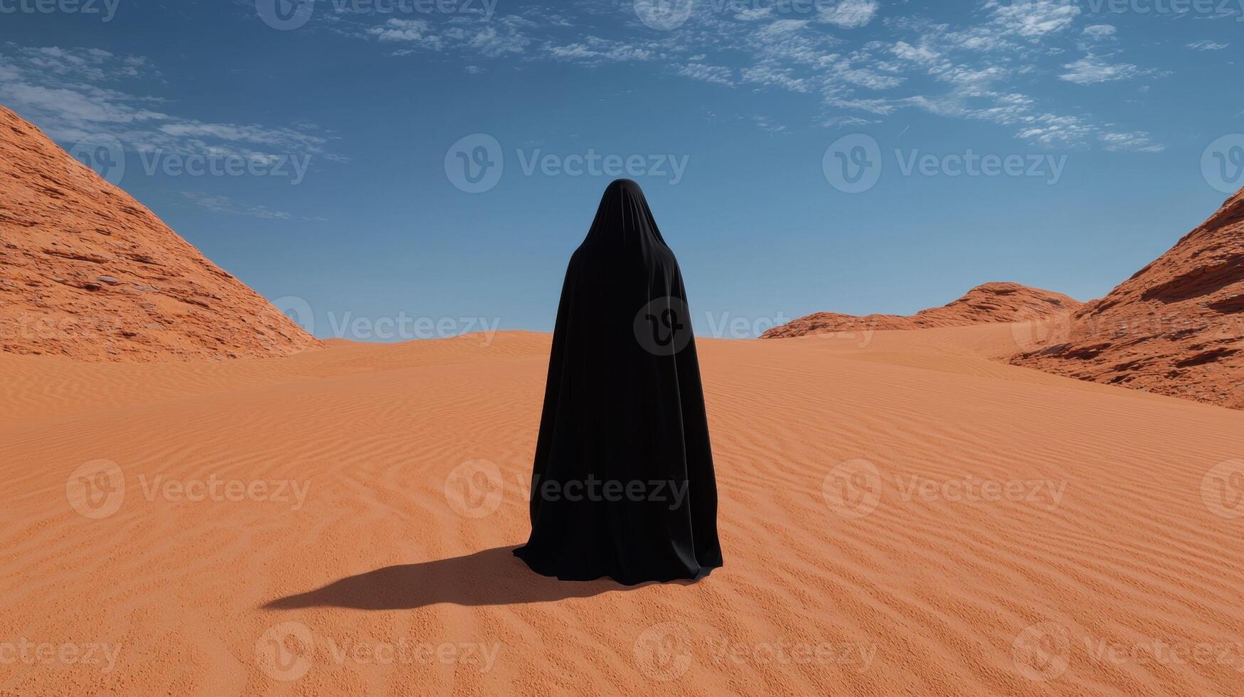 Mysterious figure in black robe standing in desert landscape photo