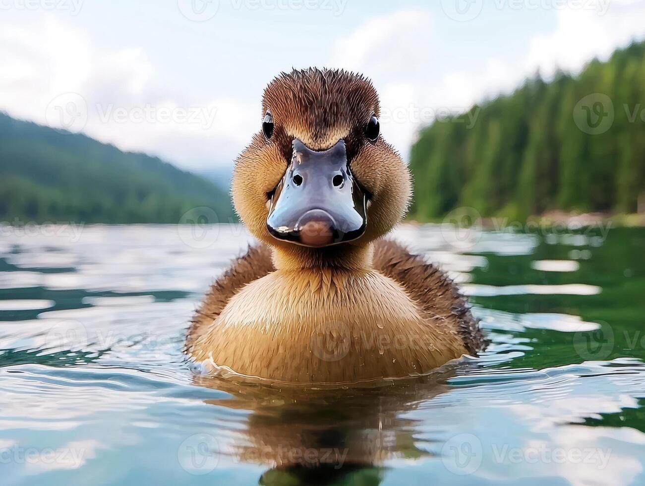 Close up of an adorable duckling swimming in a calm lake photo