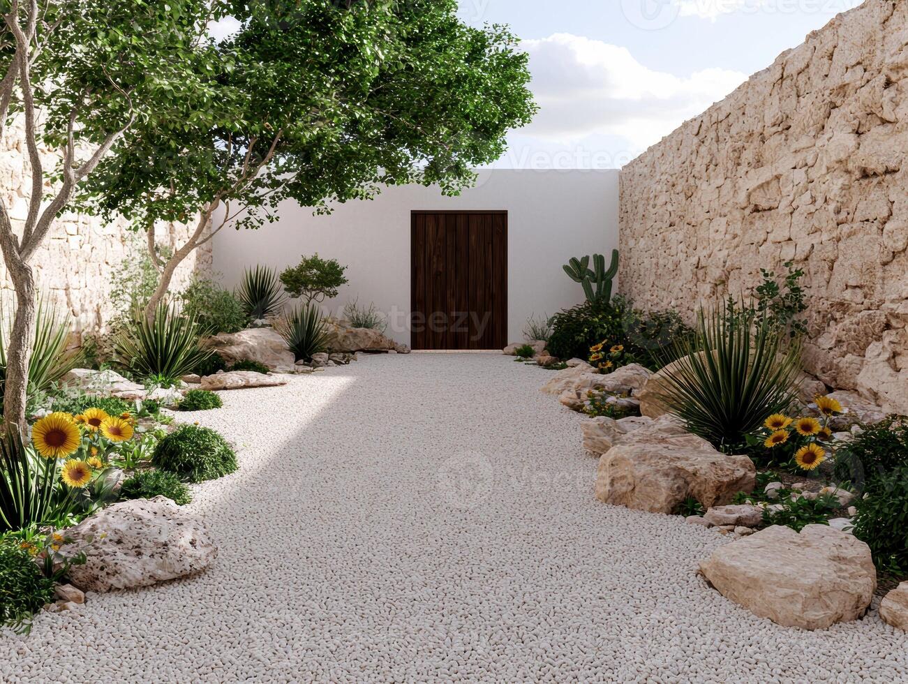 Modern minimalist courtyard garden design with gravel pathway, stone walls, and succulents photo