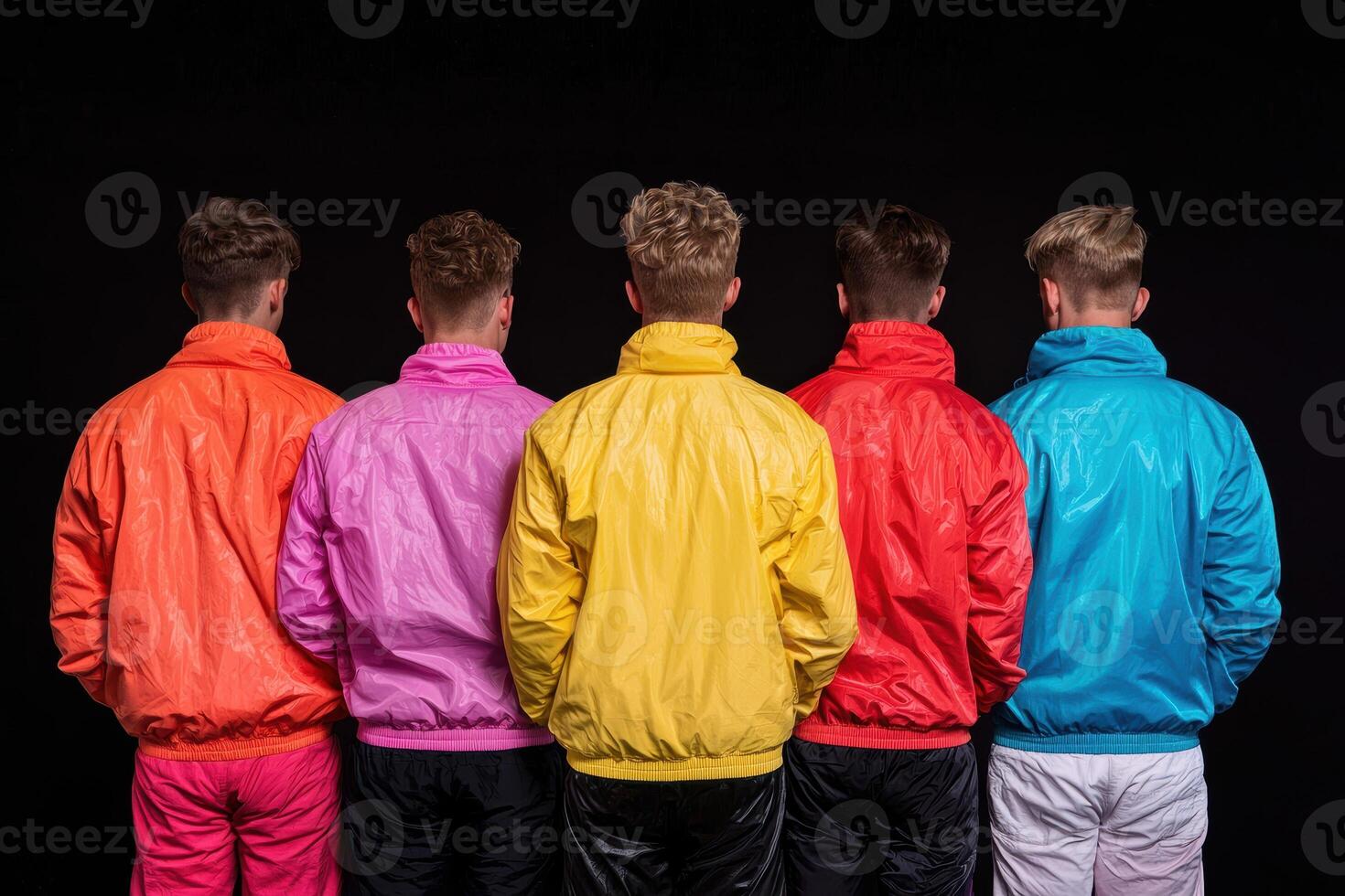 Back view of five men in colorful 80s style windbreakers photo