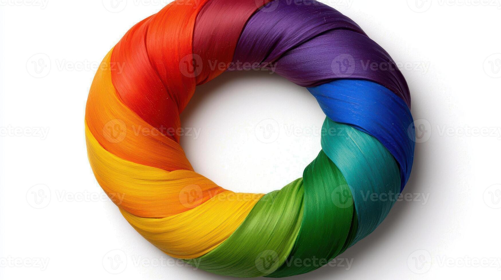 Rainbow colored twisted fabric ring, colorful circle of textile, vibrant textile texture photo