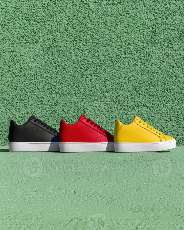 Three stylish sneakers in black, red, and yellow against a green wall photo