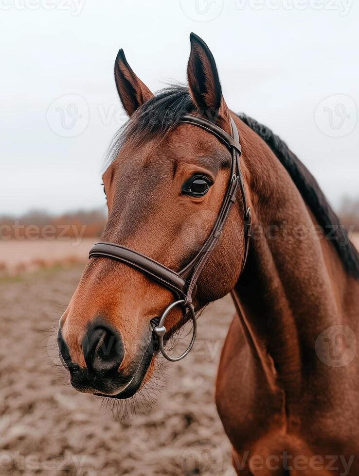 Close up portrait of a chestnut horse wearing a brown bridle photo