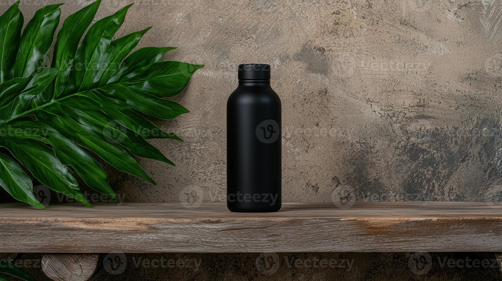 Black matte water bottle on wooden shelf against textured background photo