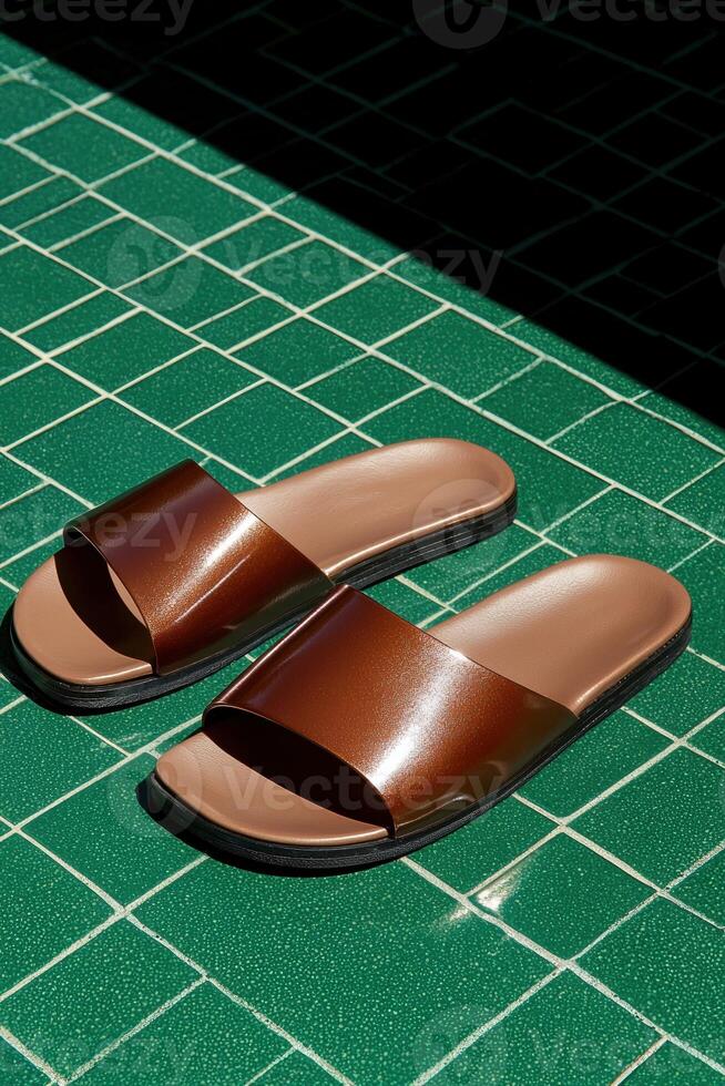 Brown metallic shiny slides on green tile background photo