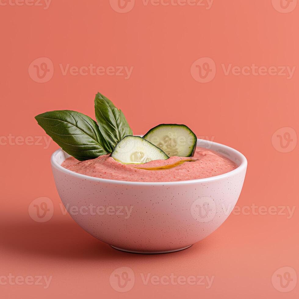 Pink tomato soup with cucumber and basil photo
