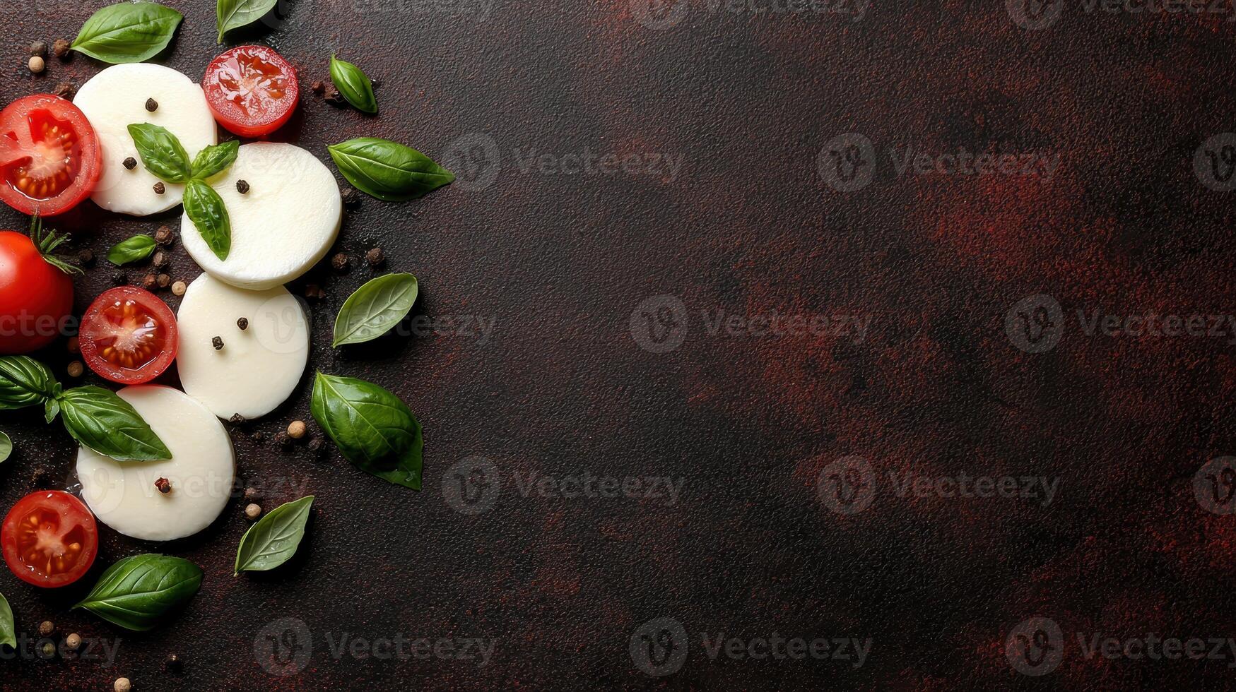 Fresh mozzarella cheese and tomatoes with basil leaves on dark background photo