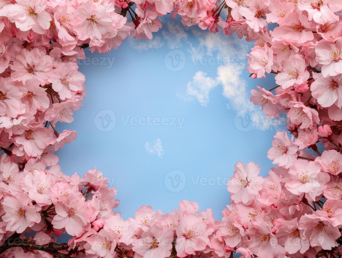 Pink cherry blossoms frame a bright blue sky with fluffy clouds photo