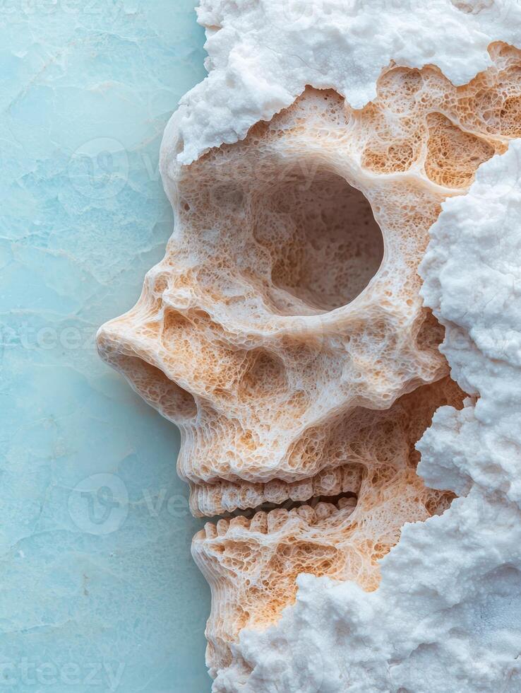 Close up of a skull sculpture covered in white plaster, artistic still life photo