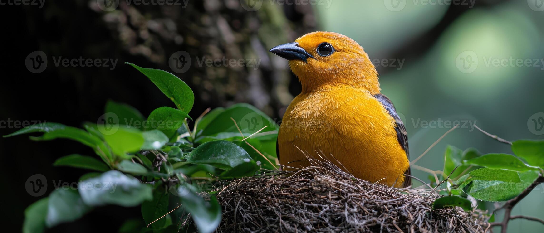 Closeup of a vibrant yellow bird perched in its nest amongst green leaves photo