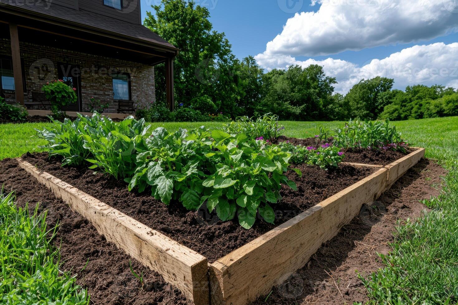 Raised garden bed with various plants and flowers photo