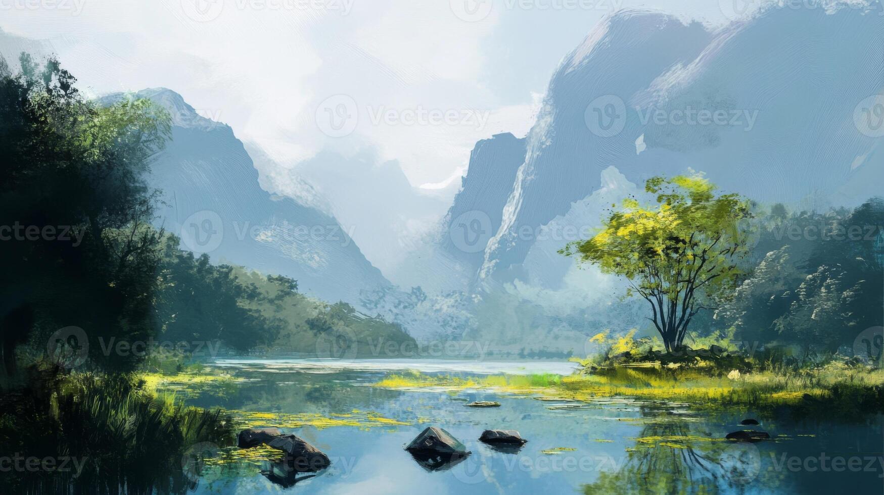 A painting of a mountain lake with trees and rocks photo