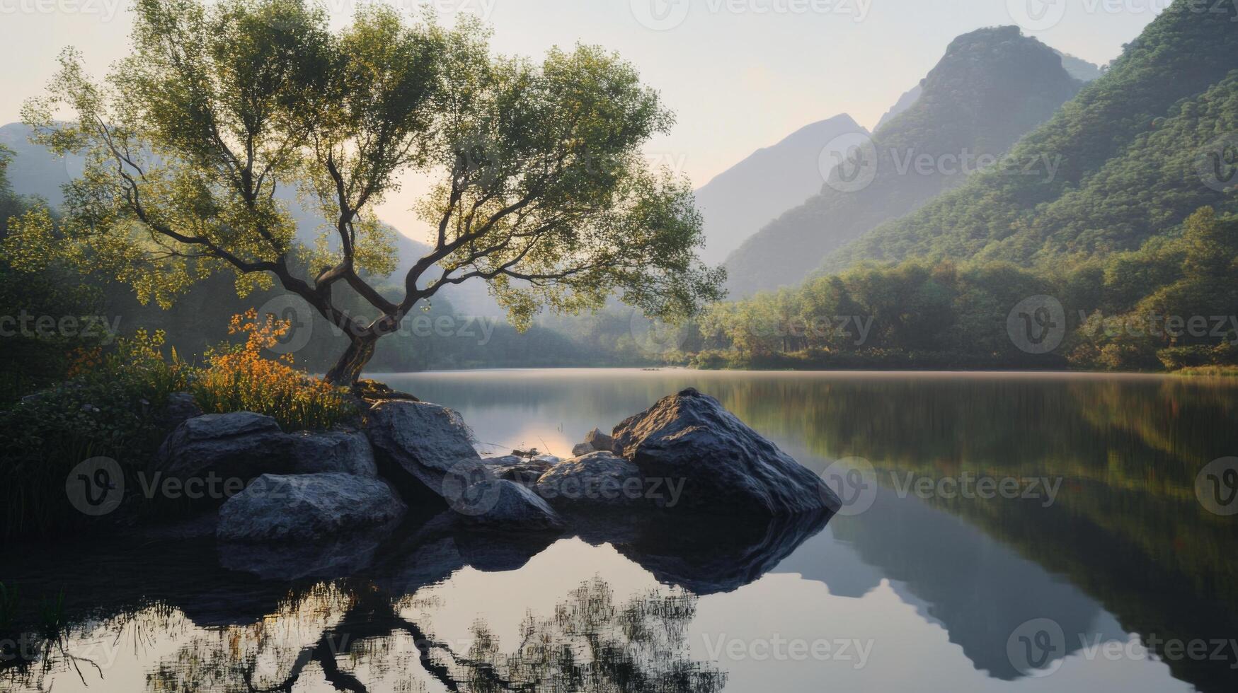 A tree is sitting on a rock in the middle of a lake photo