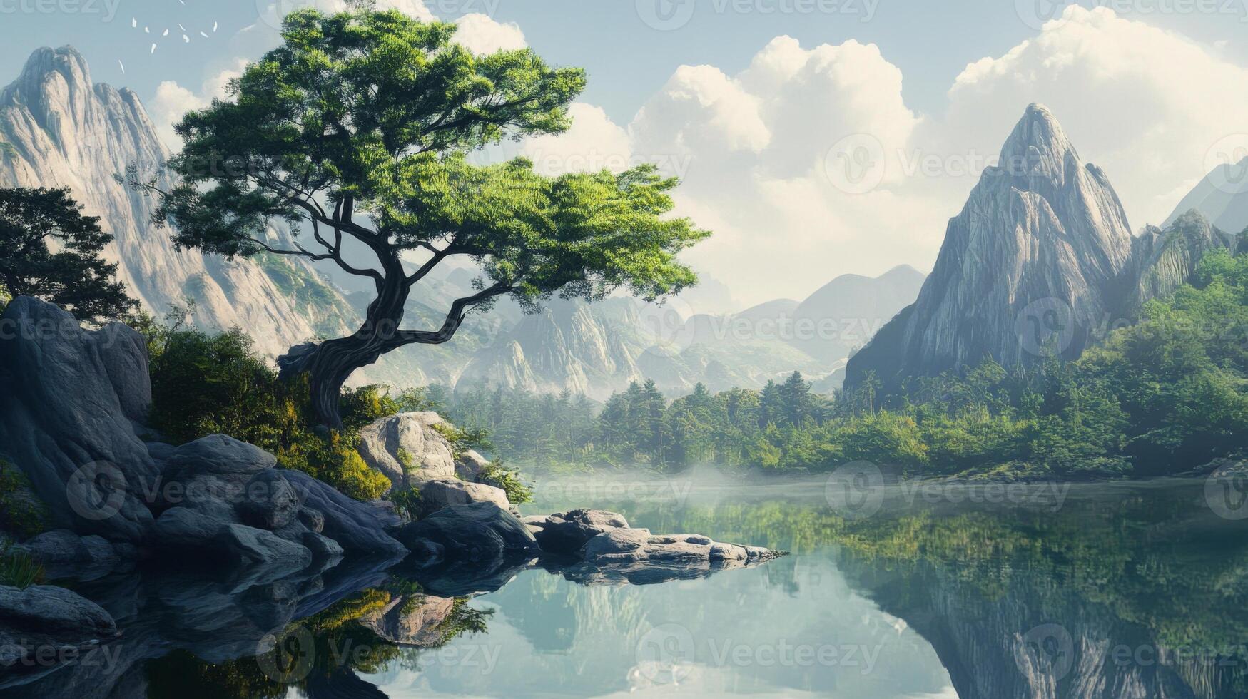A tree is sitting on the edge of a lake surrounded by mountains photo
