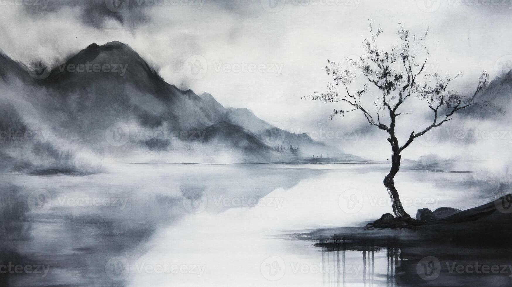 A painting of a tree in the middle of a lake photo