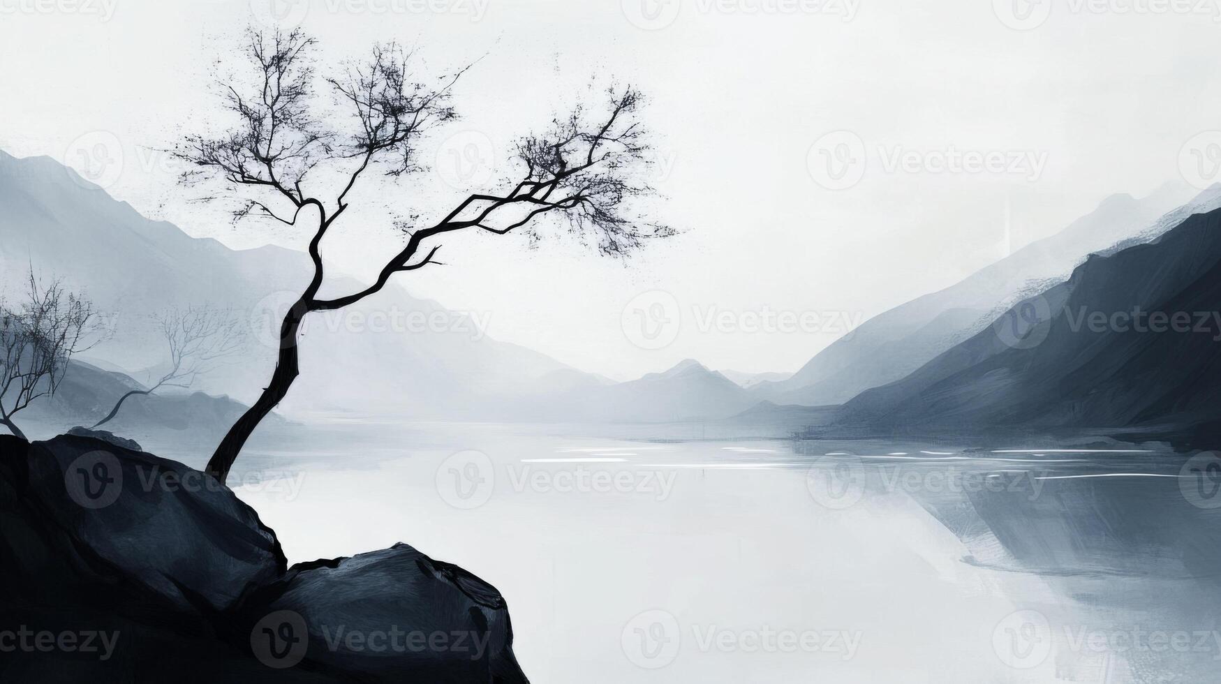 A painting of a tree on a mountain by a river photo