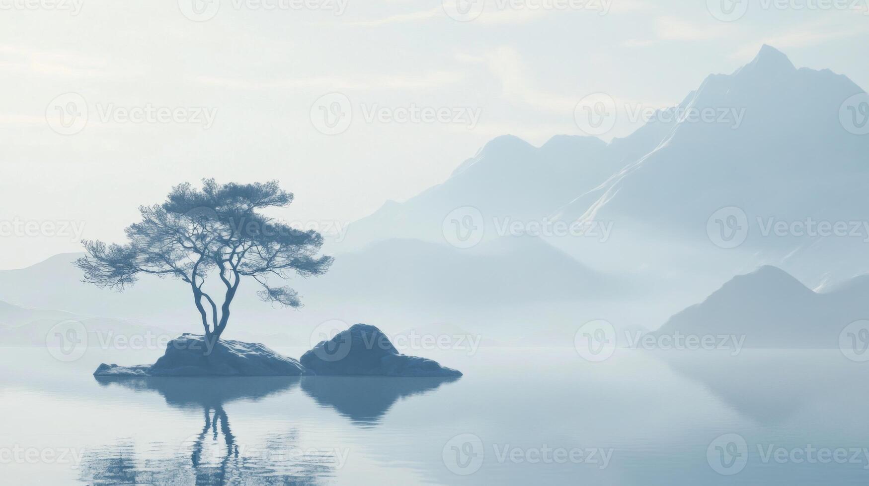 A lone tree is standing on a rock in the middle of a lake photo