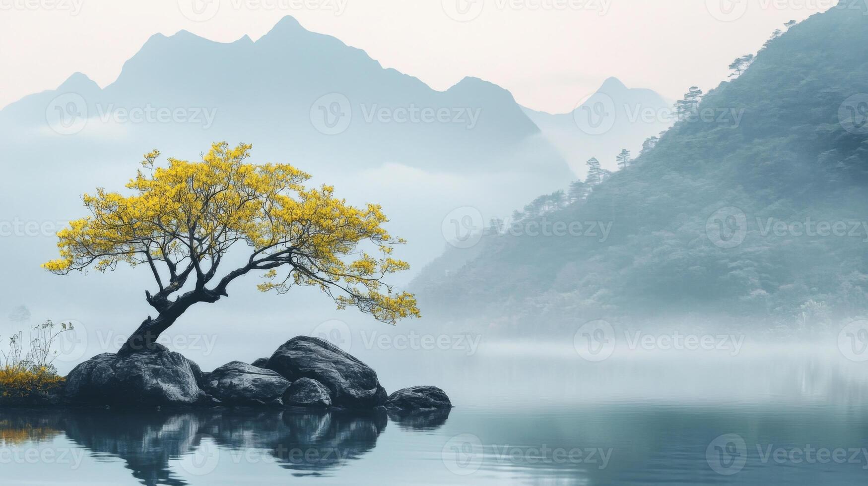 A lone tree in the middle of a lake with fog photo