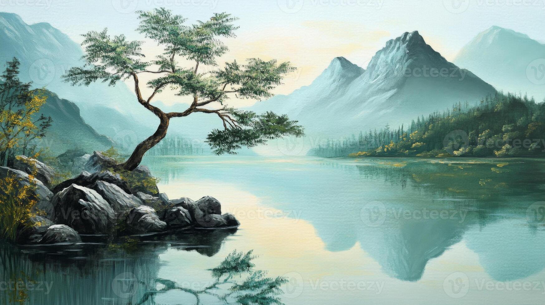 A painting of a tree and mountain in the water photo