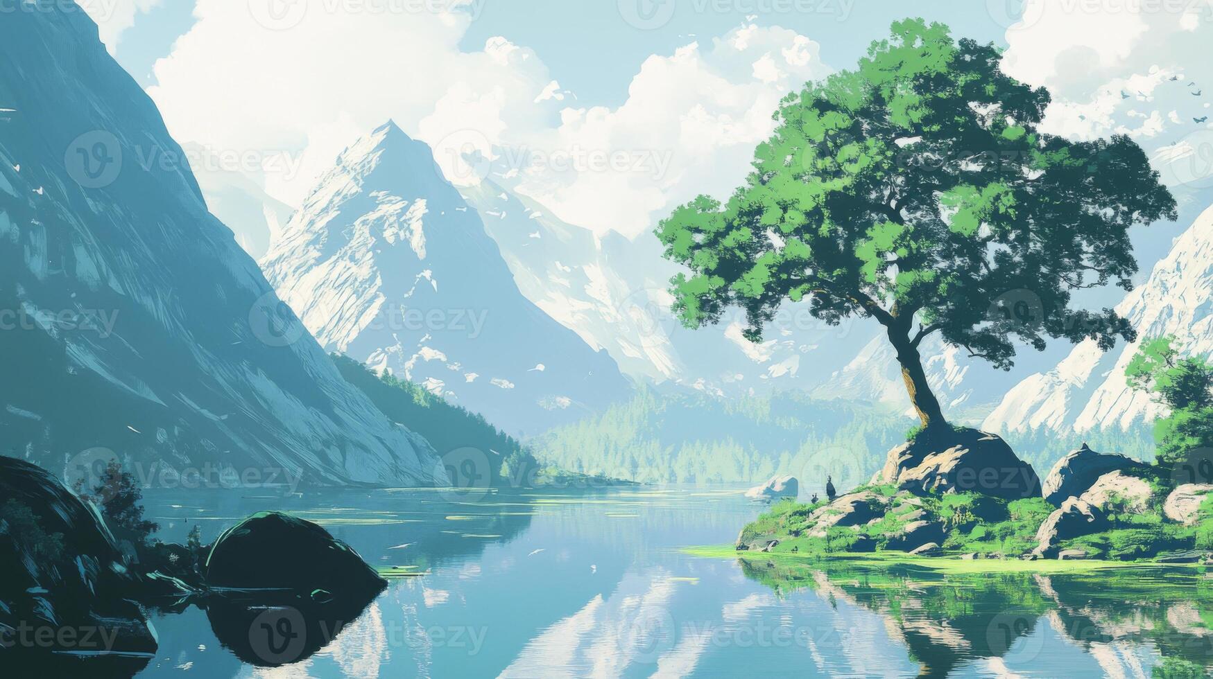 A painting of a mountain lake with trees and mountains photo