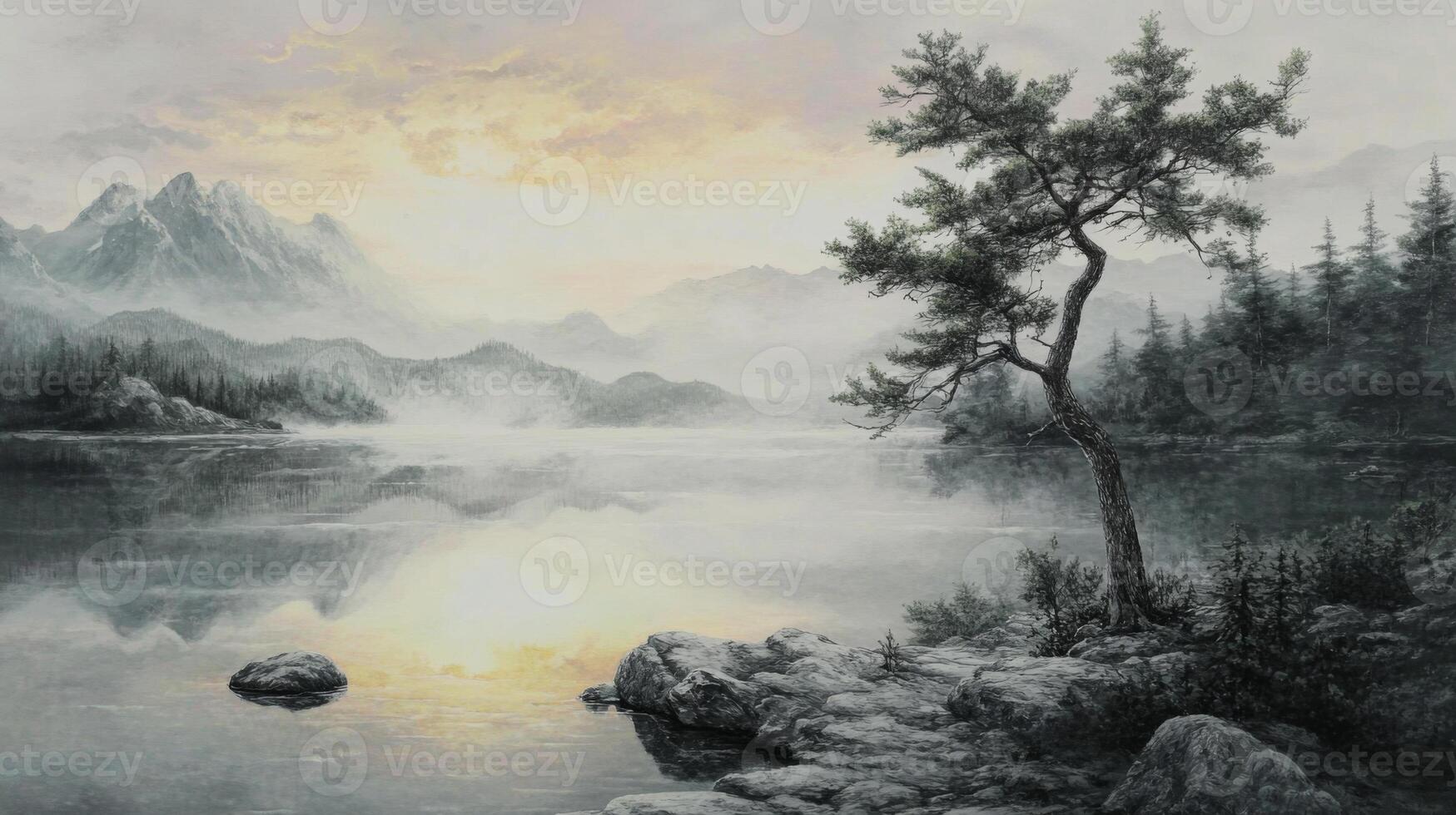 A painting of a mountain lake with trees and rocks photo