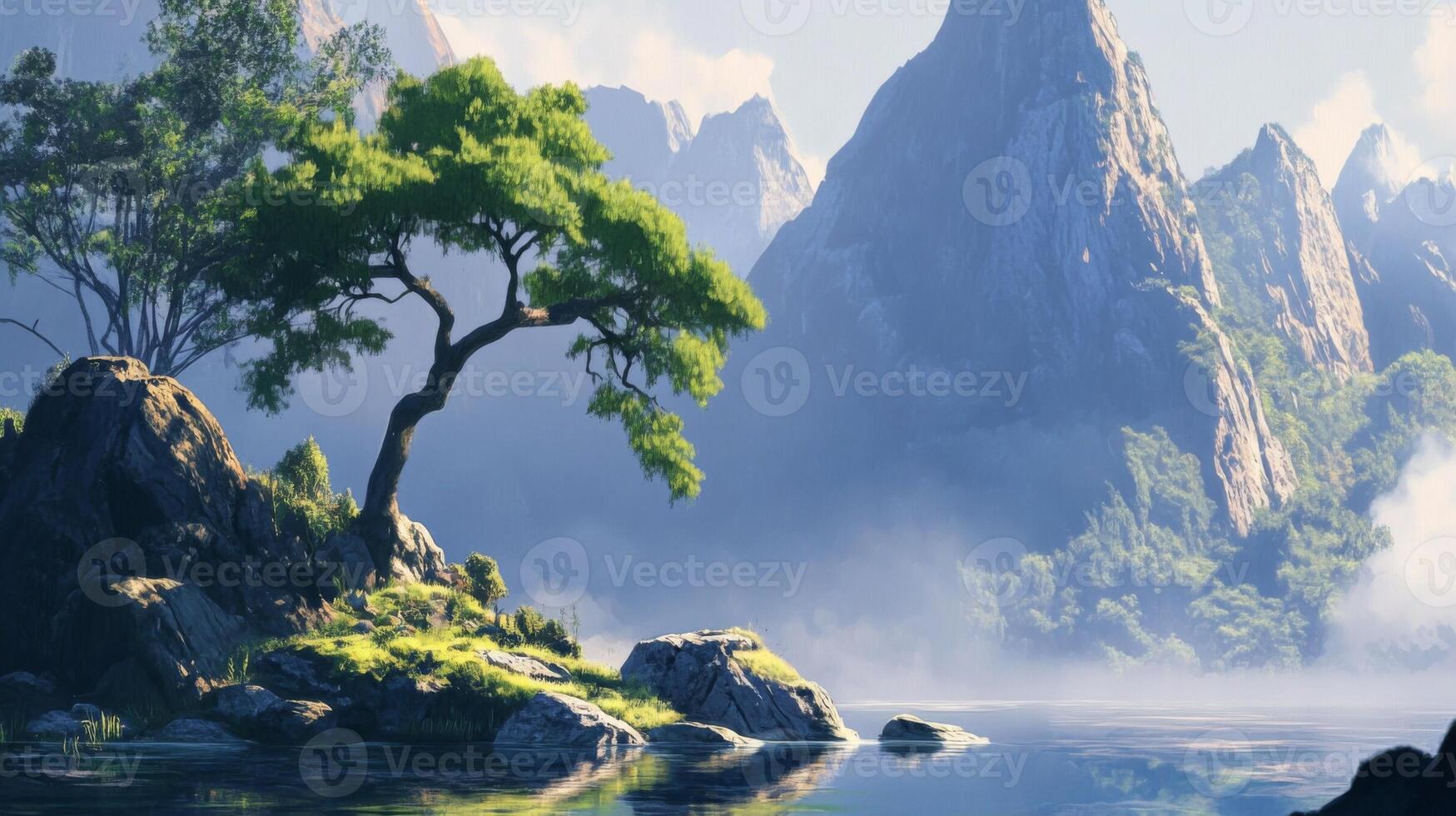 A tree is standing on a rock in front of a mountain photo