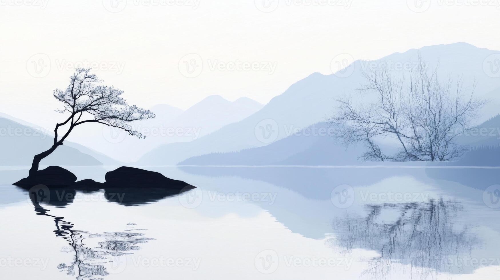 A lone tree is standing on a rock in the middle of a lake photo